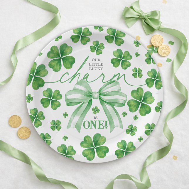 Plato De Papel Lazo Verde Trébol Suerte Cumpleaños 1 (Shamrock Green Bow Lucky Charm 1st Birthday Paper Plates)