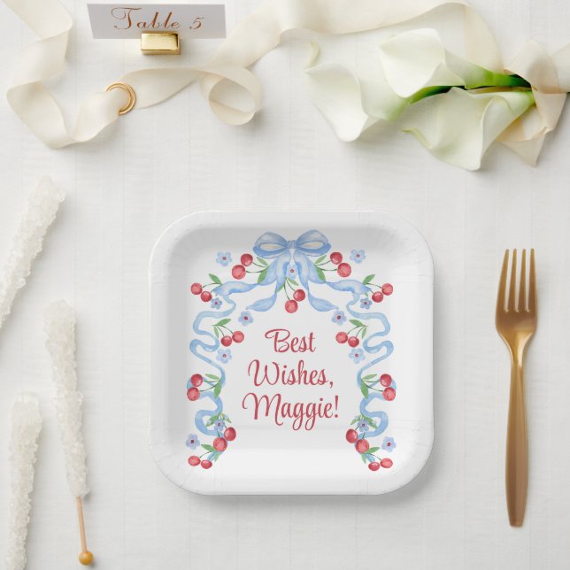 Plato De Papel Lazos de cereza Grandmillennial acuarela (Boda)