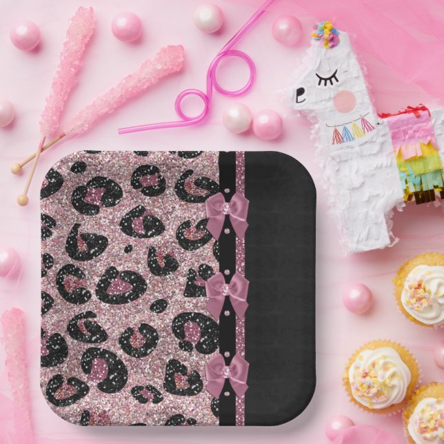 Plato De Papel Lazos de cinta de estampado de leopardo rosa RAB R (Fiesta)