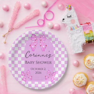 Plato De Papel Lazos de lunares rosados gingham a cuadros baby sh