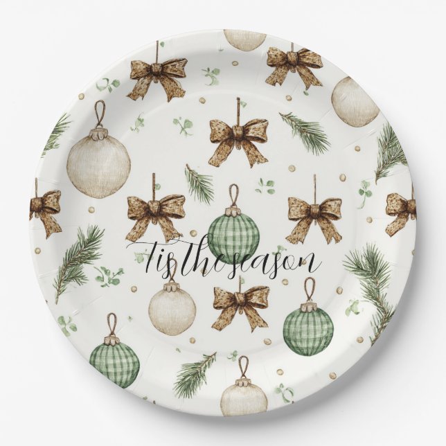 Plato De Papel Lazos Marrones Rústicos Navidad Verde Crema   (Anverso)