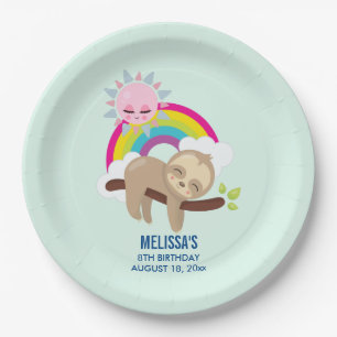 Plato De Papel Lazy Sloth con cumpleaños Sun y Rainbow