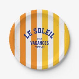 Plato De Papel Le Soleil Vacances Côte d'Azur Stripe Round
