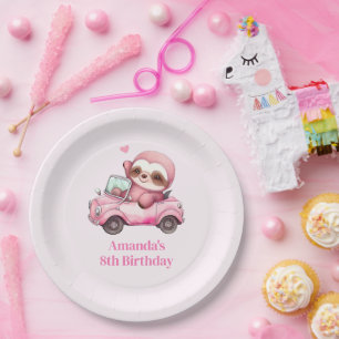 Plato De Papel Leche rosa sonriente conduciendo un cumpleaños con