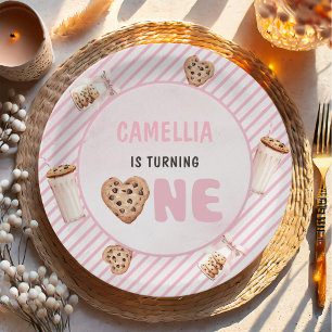 Plato De Papel Leche y galletas Pink First Birday Party