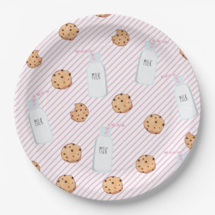 Plato De Papel Leche y galletas Rayas rosadas Fiesta de cumpleaño