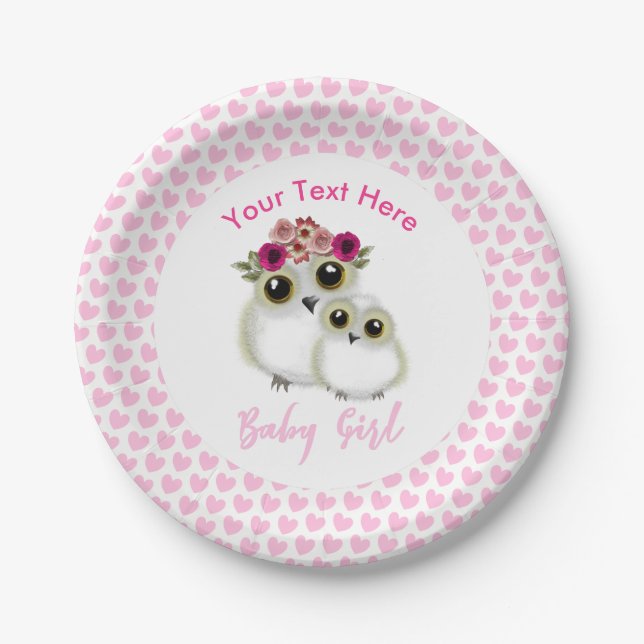Plato De Papel Lechuza Chica Baby Shower Rosa Personalizada (Anverso)