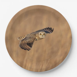 Plato De Papel Lechuza de orejas cortas en vuelo en los pastizale