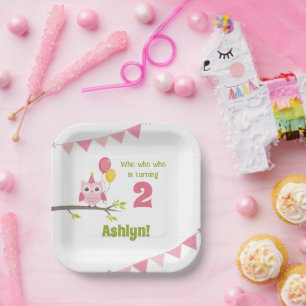 Plato De Papel Lechuza Fiesta Rosa Que Cumple 2 Segundos Años