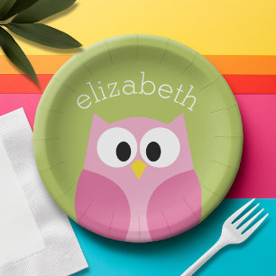Plato De Papel Lechuza Personalizado Cuta - Verde Rosa y Lime