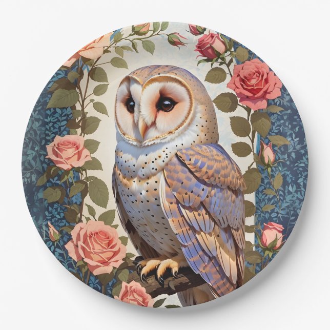 Plato De Papel Lechuza rosada rosa roses foral (Anverso)