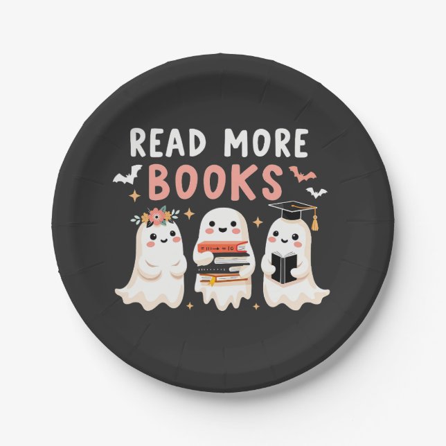 Plato De Papel Leer más libros Spooky Halloween Ghost Book Lovers (Anverso)