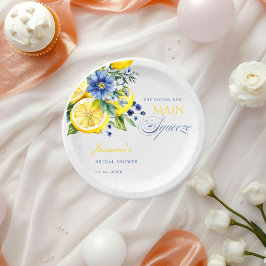 Plato De Papel Lemon Blue Floral Citrus Bridal Shower