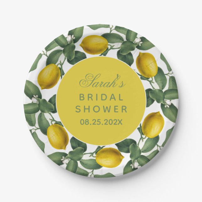 Plato De Papel Lemon Bridal Shower Botanit Elegant Script (Anverso)