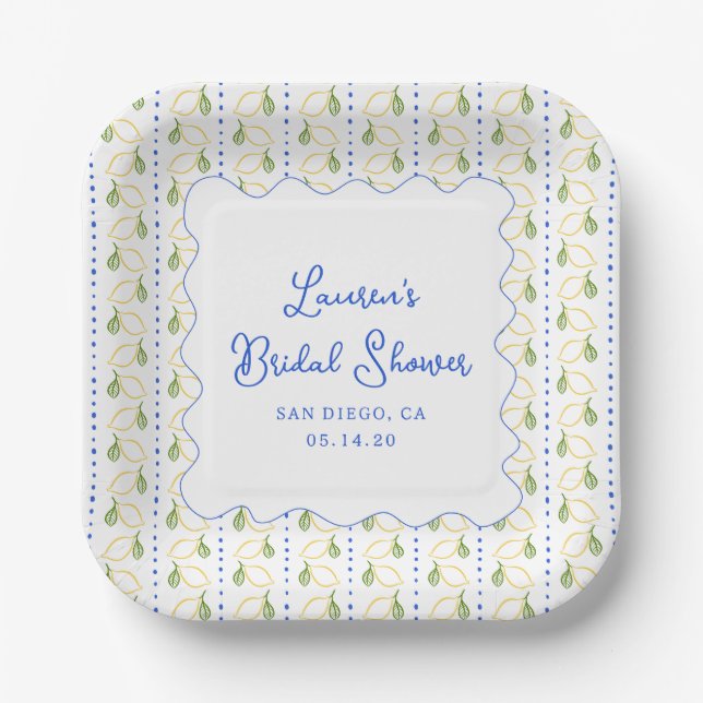 Plato De Papel Lemon Citrus Blue & Yellow Amalfi Bridal Shower (Anverso)