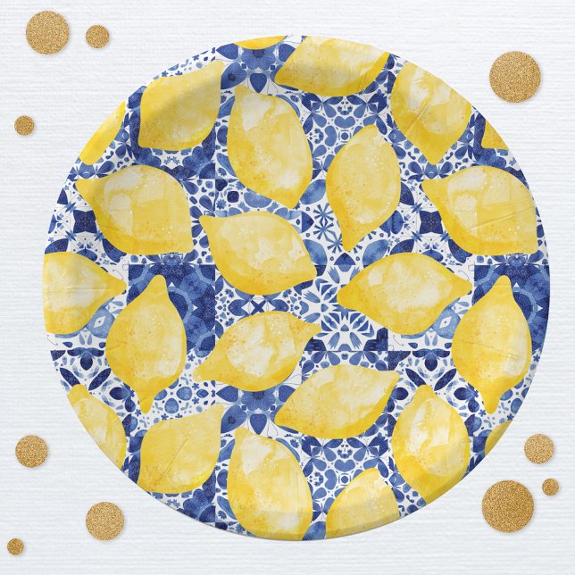 Plato De Papel Lemon Citrus Watercolor Azul Tile Mediterráneo (Watercolor lemons on a blue and white Mediterranean tile background patterned party paper plates)