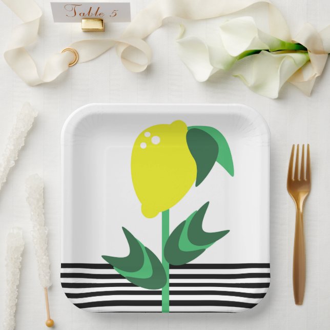 Plato De Papel Lemon Fruit Garden Planta Stripes Napkins (Boda)