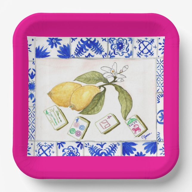 Plato De Papel lemon mahjong fuchsia (Anverso)