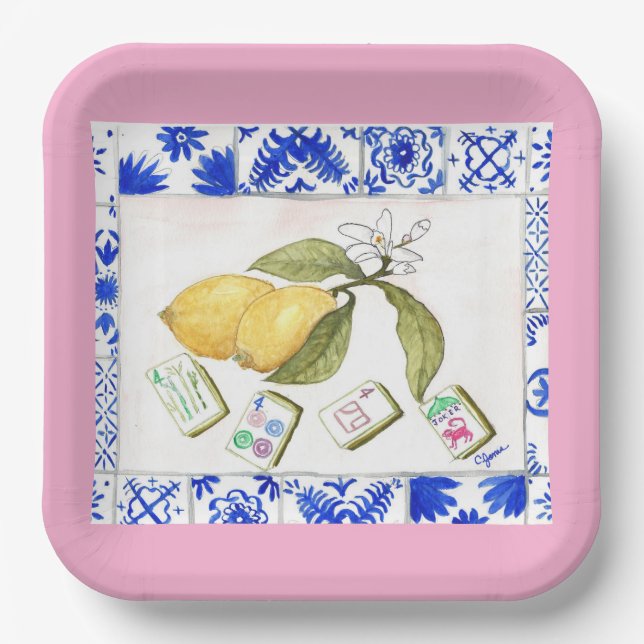 Plato De Papel lemon mahjong pink (Anverso)