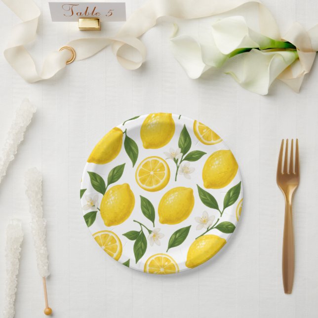 Plato De Papel Lemon Pattern Design | Fresh Citrus Summer Print  (Boda)
