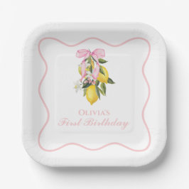 Plato De Papel Lemon Pink Bow coqueta elegante cumpleaños 1