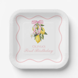 Plato De Papel Lemon Pink Bow coqueta elegante cumpleaños 1