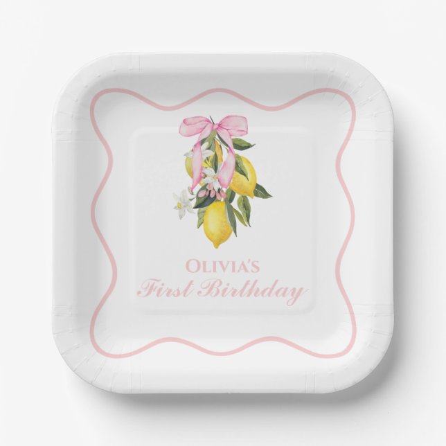 Plato De Papel Lemon Pink Bow coqueta elegante cumpleaños 1 (Anverso)