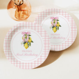 Plato De Papel Lemon Pink Bow preppy Coquette cumpleaños 1