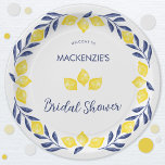 Plato De Papel Lemon Watercolor Bridal Shower Personalizada<br><div class="desc">Este fresco y divertido diseño de limón cítrico acuático en amarillo y azul zingy capturará la esencia de un feliz día soleado. Perfecto para un brunch nupcial o un fiesta de té por la tarde. El diseño de limoneros acuáticos hará que sus huéspedes se sientan motivados y emocionados por la...</div>