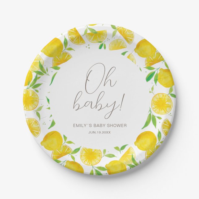 Plato De Papel Lemon Watercolor Summer Baby Shower (Anverso)