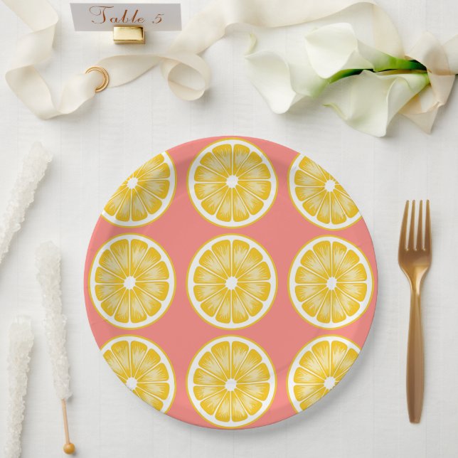 Plato De Papel Lemonada rosa moderna y amarillo (Boda)