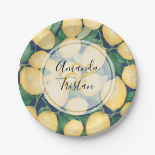 Plato De Papel Lemones acuarela sobre azul marino personalizado