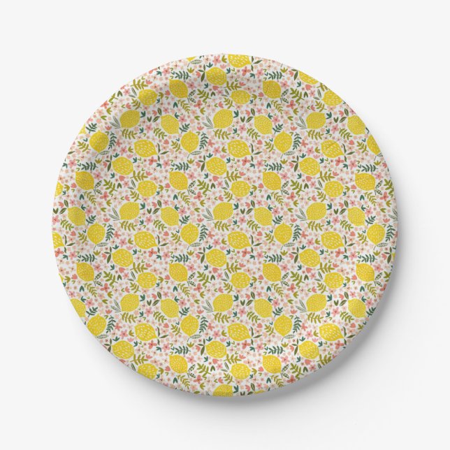 Plato De Papel Lemones Amarillos Modernos con Floral Rosa (Anverso)