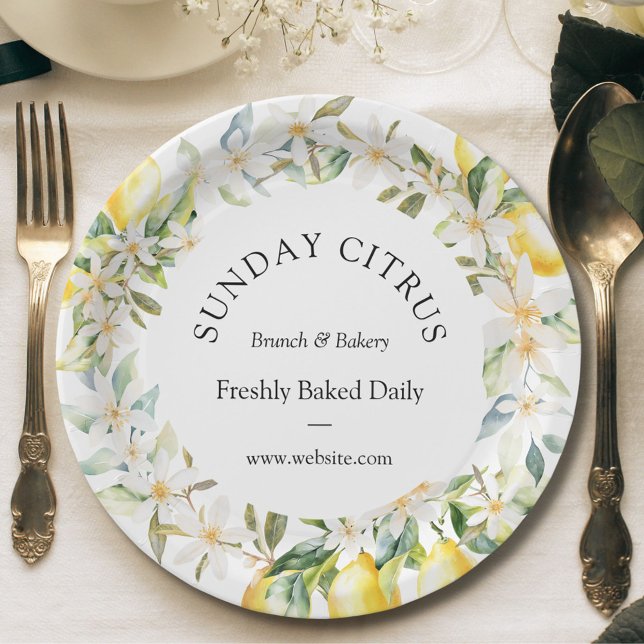 Plato De Papel Lemones amarillos y flores blancas Flores Florales (In situ)