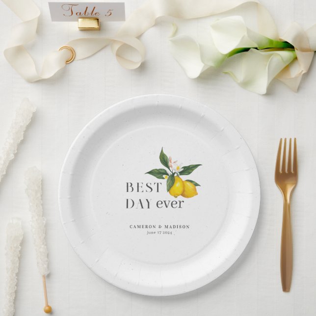 Plato De Papel Lémones Pintados A Mano Con Boda De Flores (Boda)