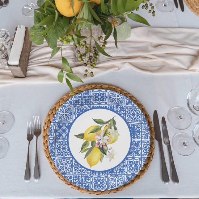 Plato De Papel Lemons & Blue Mediterranean Tile Wedower (Subido por el creador)