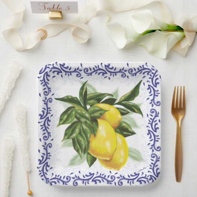 Plato De Papel Lemons Royal Blue Toile Filigree  (Boda)
