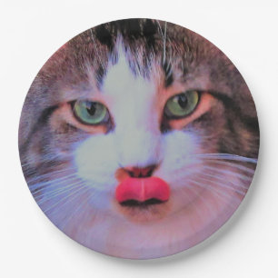 Plato De Papel Lengua rosada linda adorable del gato w que lame