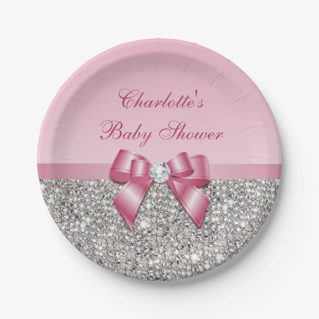 Plato De Papel Lentejuelas rosadas con clase Baby Shower de la (Anverso)