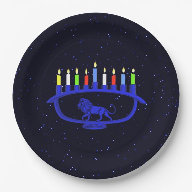 Plato De Papel León azul Menorah (Anverso)
