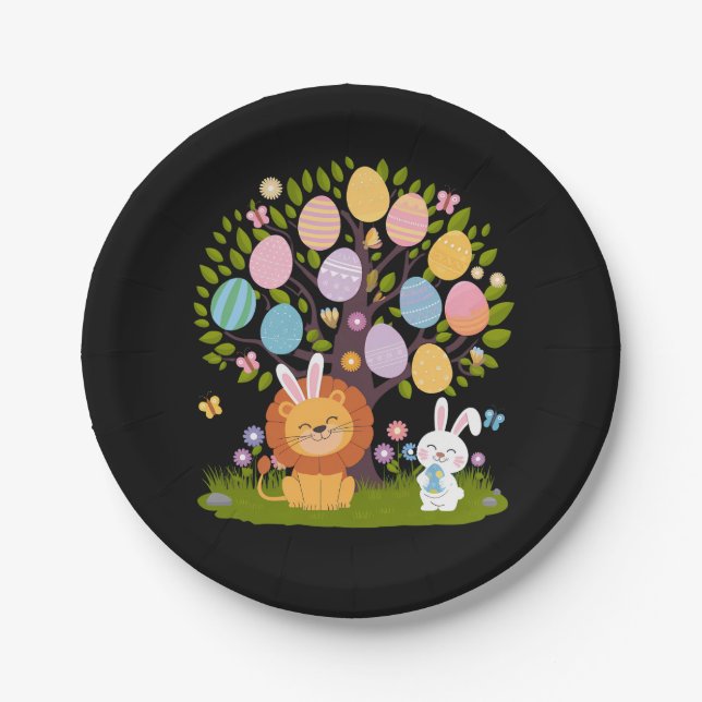 Plato De Papel Leon Bunny Easter Cute Tree Hunting Eggings (Anverso)