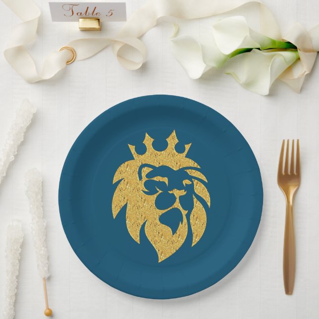 Plato De Papel León con corona - Estilo de oro 1 (Boda)