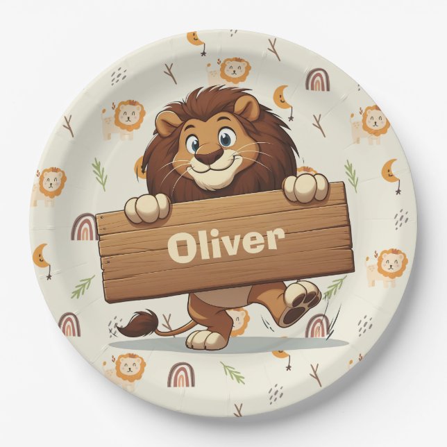 Plato De Papel León juguetón con Rótulo de nombre de madera (Anverso)
