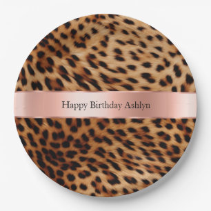 Plato De Papel Leopard Animal Rosa Rosa Ribbon Nombre