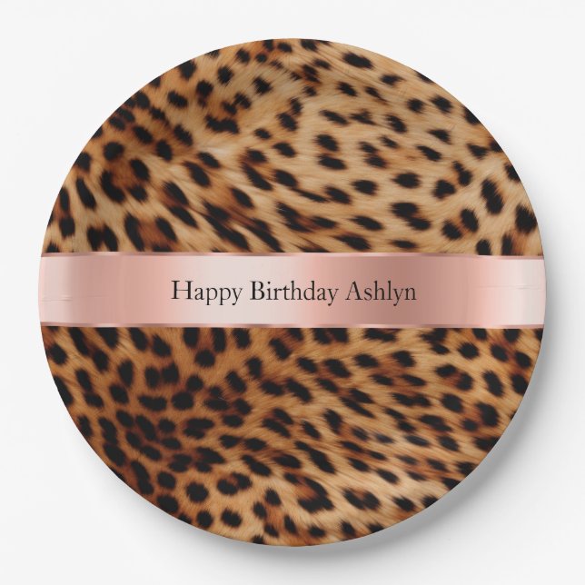 Plato De Papel Leopard Animal Rosa Rosa Ribbon Nombre (Anverso)