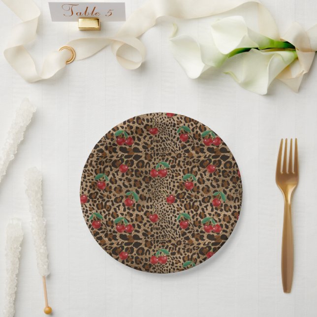 Plato De Papel Leopard Cheetah Animal Print Red Cherry Pattern (Boda)