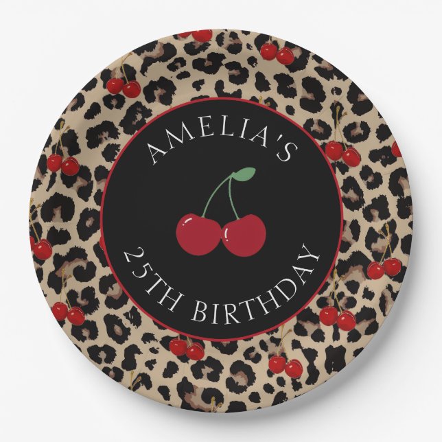 Plato De Papel Leopard Cheetah Cherry Birthday Party Paper Plates (Anverso)