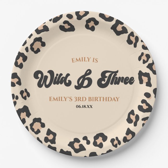 Plato De Papel Leopard Cheetah Wild & Three Birthday Fiesta (Anverso)