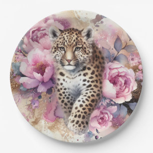 Plato De Papel Leopard Cub y Rosas