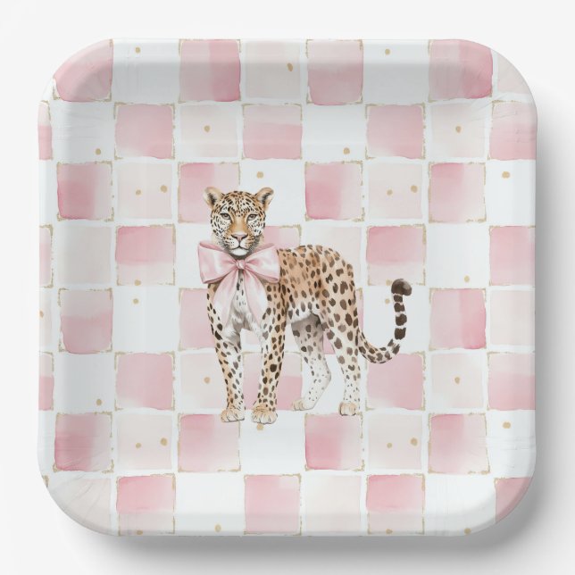 Plato De Papel Leopard Pink Bow Square Cumpleaños (Anverso)